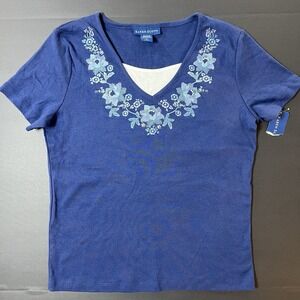 Karen Scott Shirt Women's Size Medium Flower Embroidery Rhinestones Blue NWT